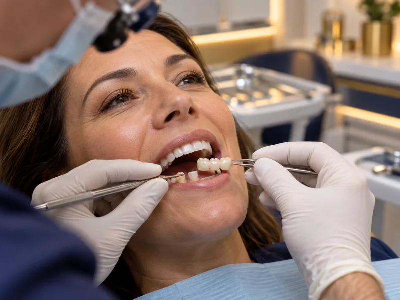 Porcelain dental bridge placement for missing teeth restoration