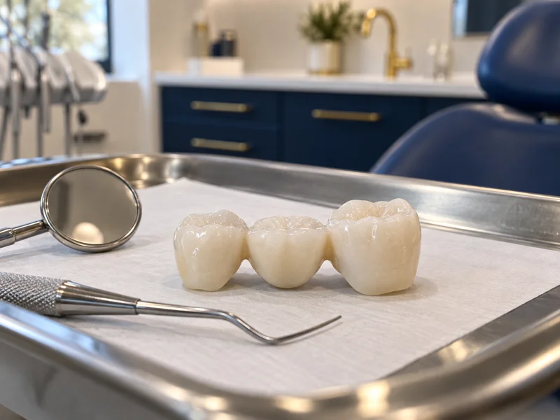 Fixed porcelain dental bridge on a dental instrument tray