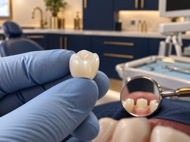 Porcelain dental crown being inspected in a modern operatory