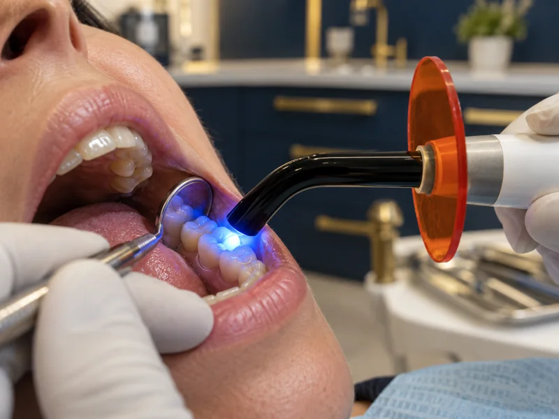 Dentist using a curing light on a tooth-colored composite filling