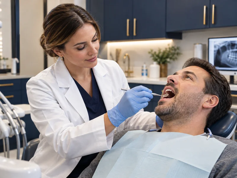 Dentist examining a patient during an emergency dental visit in Helena, AL